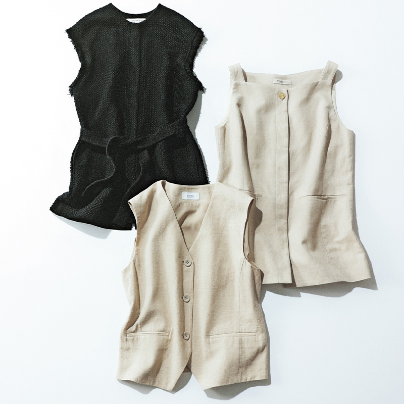 ラッピンノットのツイードジレとデミルクスビームスのキャミタイプのジレとエミのベージュベスト