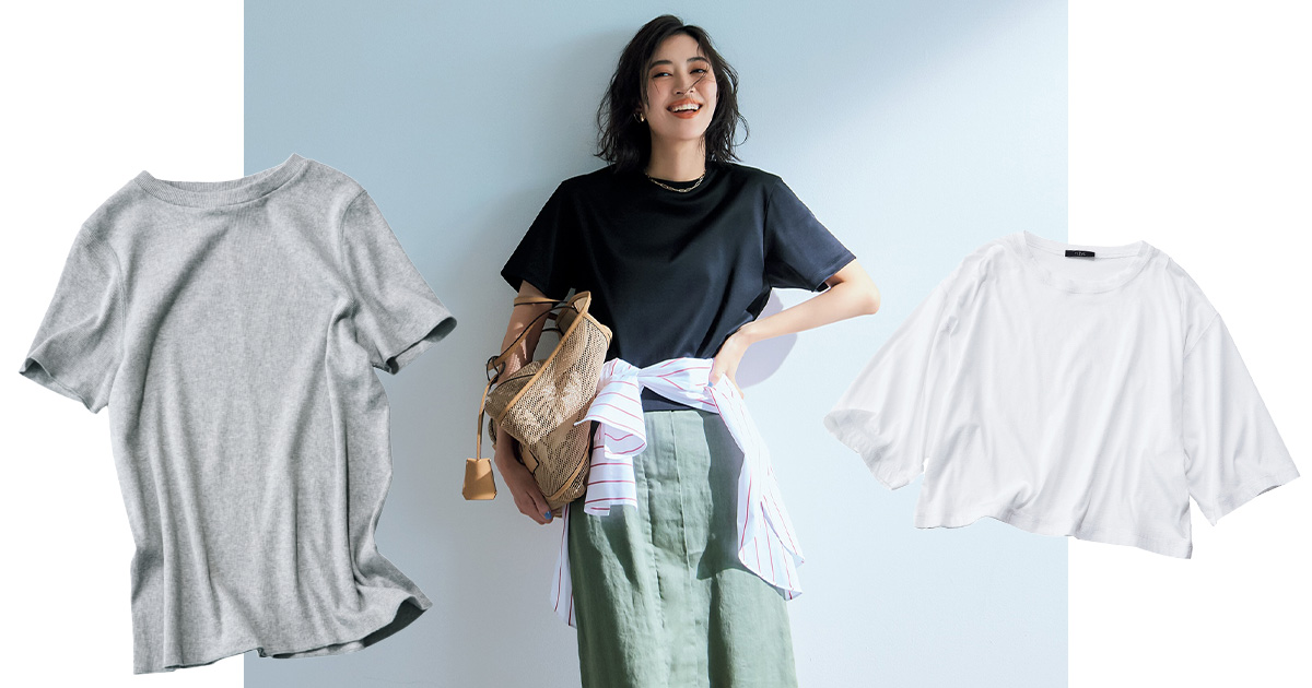 Tシャツ,イレーヴの白Tシャツ,エステータの黒Tシャツ,シンゾーンのリブTシャツ,Tシャツコーデ,岡本あずさ