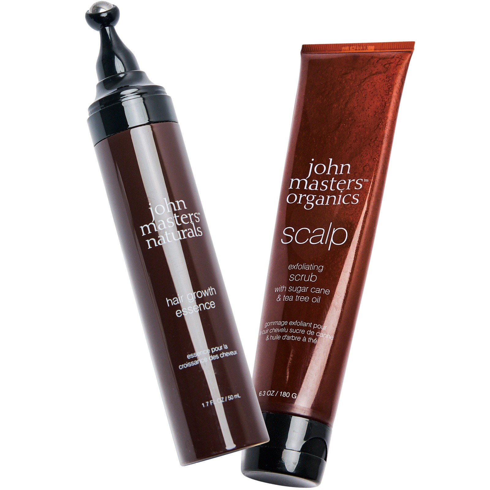 ジョンマスターオーガニック 左：薬用 ヘアグロースエッセンス、右：S&TスキャルプEスクラブ