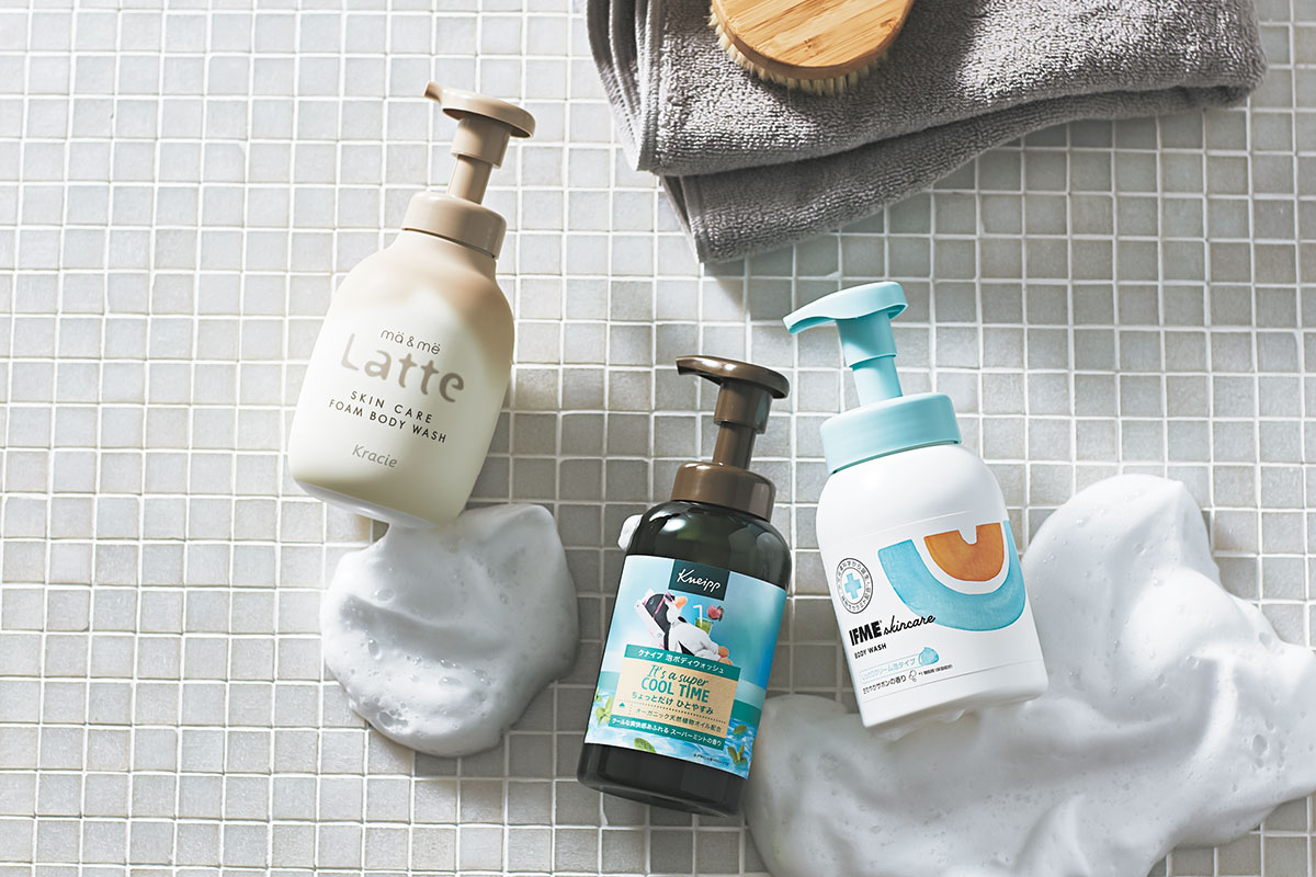 マー&ミー 泡で出てくるボディソープ、クナイプ 泡ボディウォッシュ スーパーミントの香り、IFMEスキンケア ボディウォッシュの3アイテム