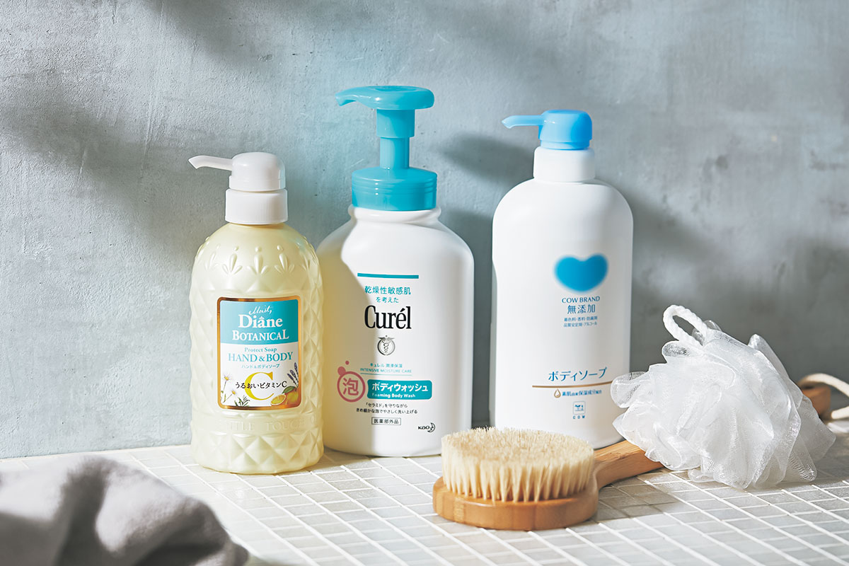 ダイアンボタニカル ハンド&ボディソープ、キュレル 泡ボディウォッシュ 、カウブランド 無添加ボディソープの3アイテム