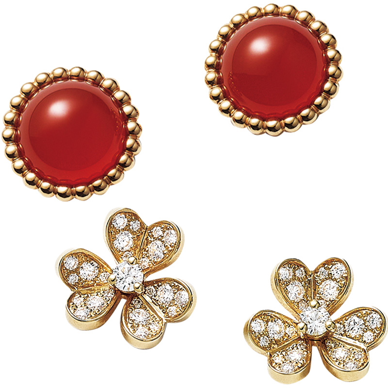 ヴァンクリーフ＆アーペルのカーネリアンのペルレクルールピアスとフリヴォルピアス