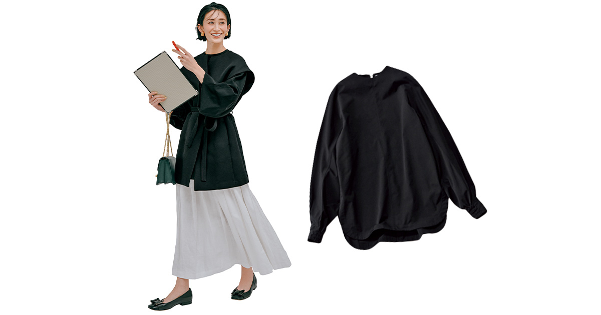 黒ブラウス,HYKE,ブラウスコーデ,ジレコーデ,スカートコーデ,神山まりあ