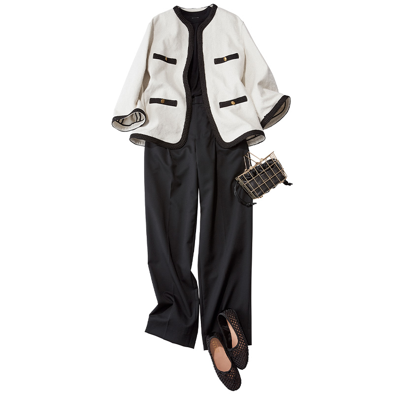 今どきママの垢抜けコンサバコーデ、ジャケット、フラットシューズ