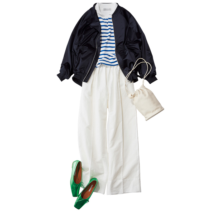 カジュアルコーデ、メタリックバレエシューズ