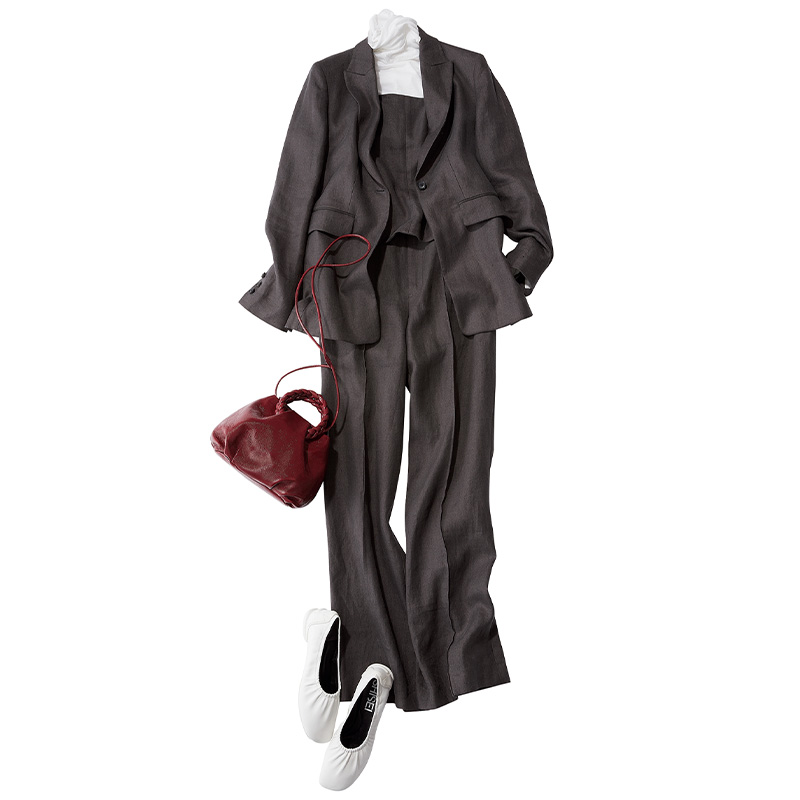 ジャケットセットアップコーデ、フラットシューズ