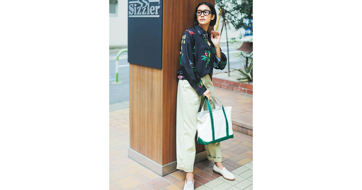 メガネコーデ,チノパンコーデ,柄シャツコーデ,木佐貫まや