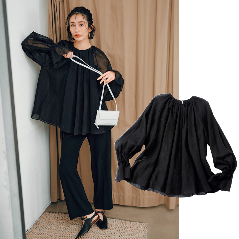 シアートップス ,シースルートップス,透けトップス,神山まりあ,黒ブラウス,ブラウスコーデ,ブラックコーデ,アルアバイル