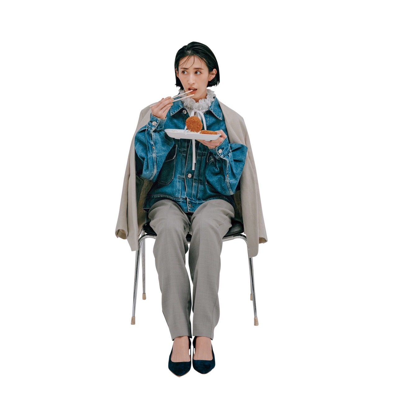 甘ブラウス　デニムジャケット