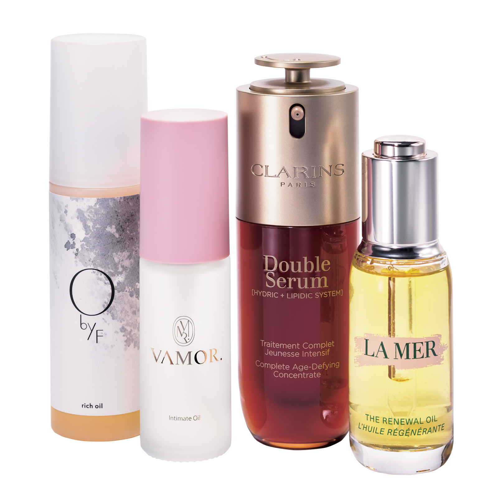 右から、ラ・メール　ザ・リニューアル オイル、クラランス　ダブル セーラム ADC 50ml、ヴァーゴ　VAMOR. インティメイト オイル、O by F リッチオイル